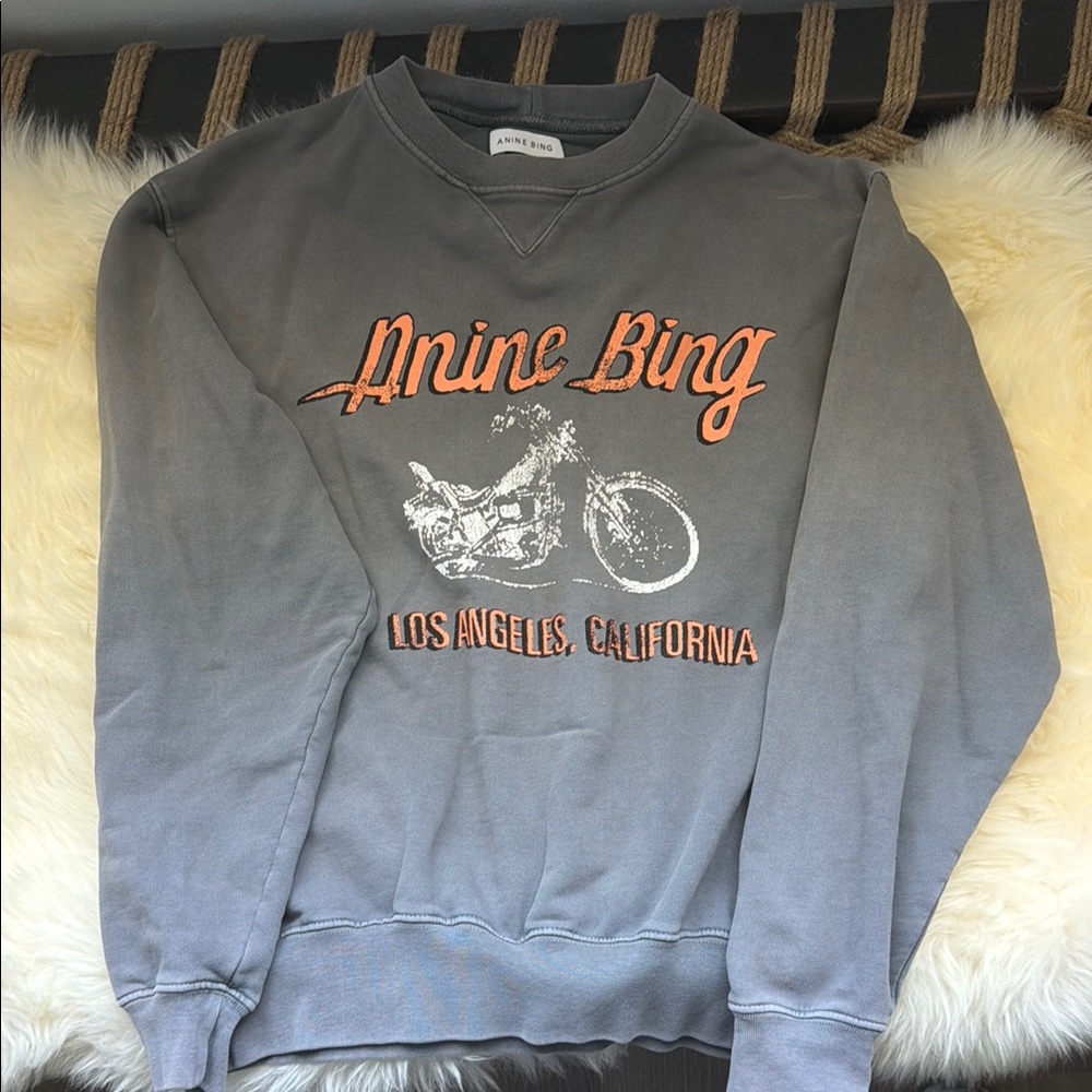 Anine Bing Gray Crewneck with Orange Logo & White Motorcycle Graphic